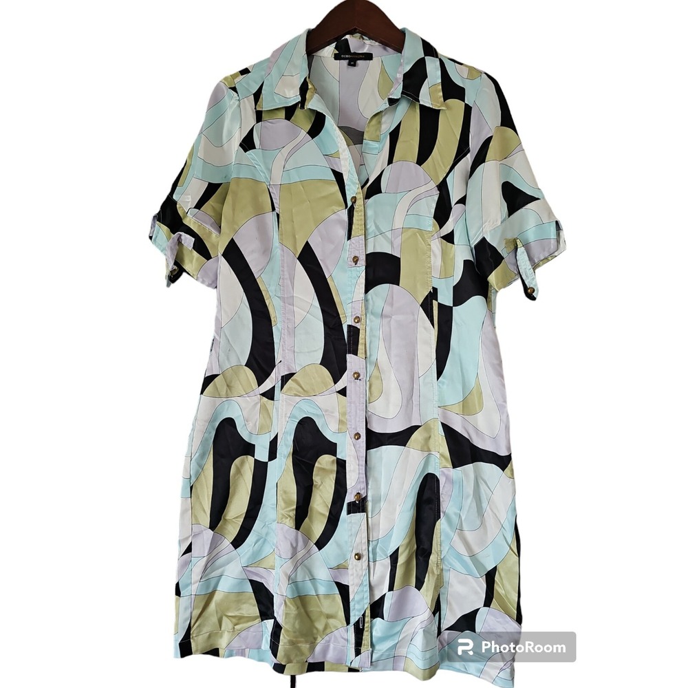 BCBGMAXAZRIA‎ Short Sleeve Satin Collar Button Front Geometric Print Shirt Dress
